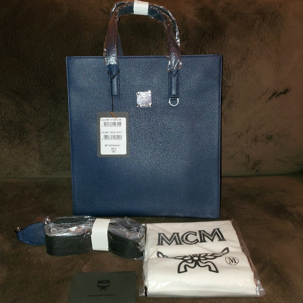 MCM Navy/Black Leather Messenger Tote Bag with Camo/Floral Print - Picture 14 of 17